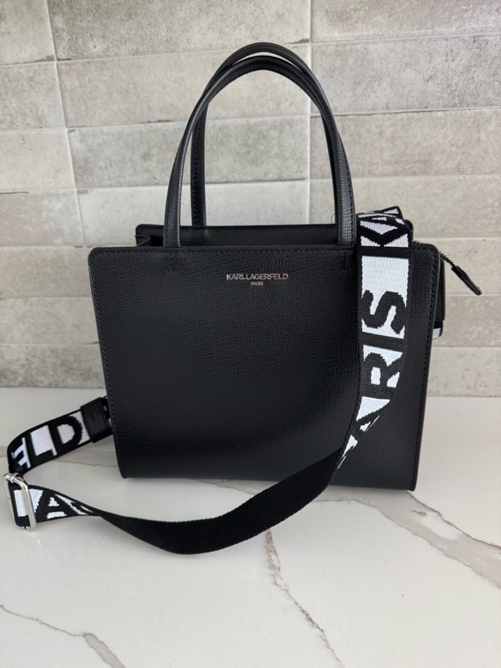 Karl Lagerfeld Paris Black Maybelle Satchel, black/white crossbody logo strap